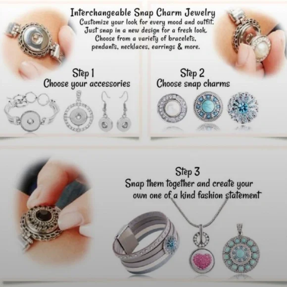 Snap Charm Pendant Necklace with Stainless Steel Chain and Turquoise Snap - Picture 6 of 8